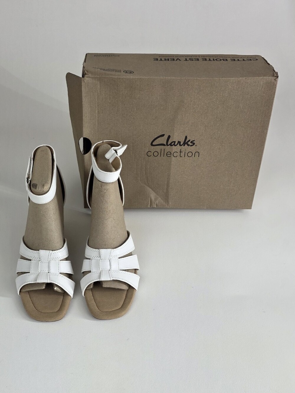 Clarks White Strappy Ankle-Wrap Sandals with Tan Footbed!